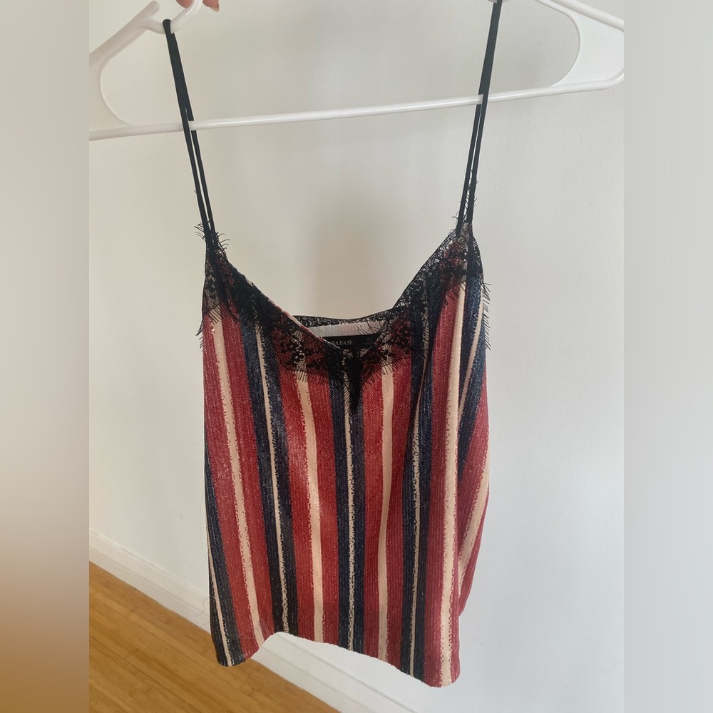 ZARA XS Sequins and Lace lingerie style camisole top - red, blue, ivory striped